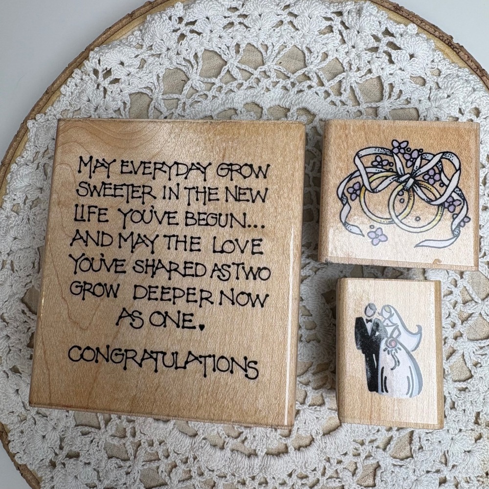 Vintage Wedding Stamp Lot Rubber Stamps Marriage Rings Congratulations Wood